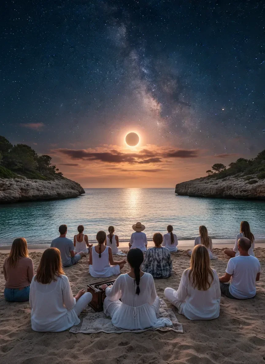 A meditation group gathered beneath a total solar eclipse